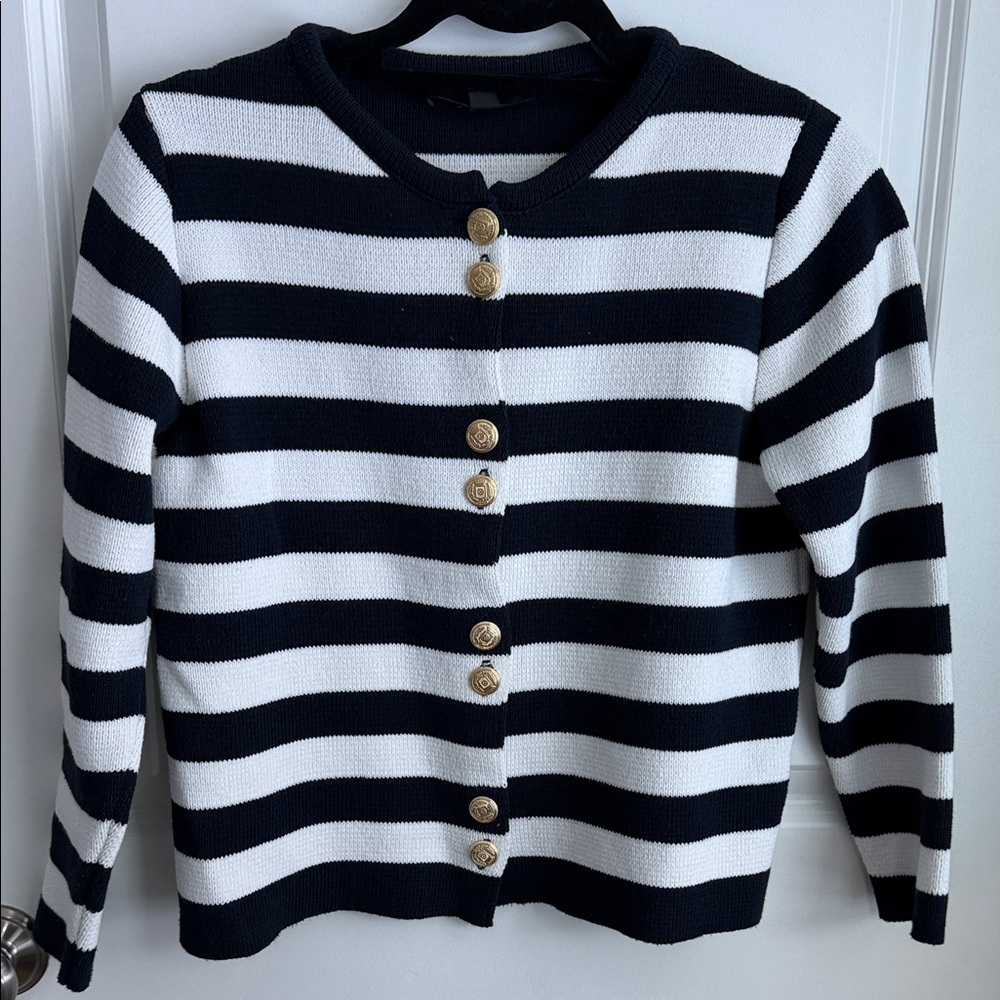 Striped navy and White Cardigan with Gold Buttons